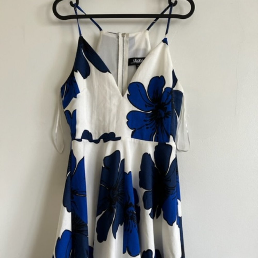 White and blue floral cocktail dress